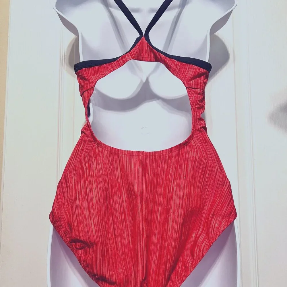 Nike Razorback Women's One Piece Swimsuit-Coral/Red/Navy Blue-Size Large-Beach